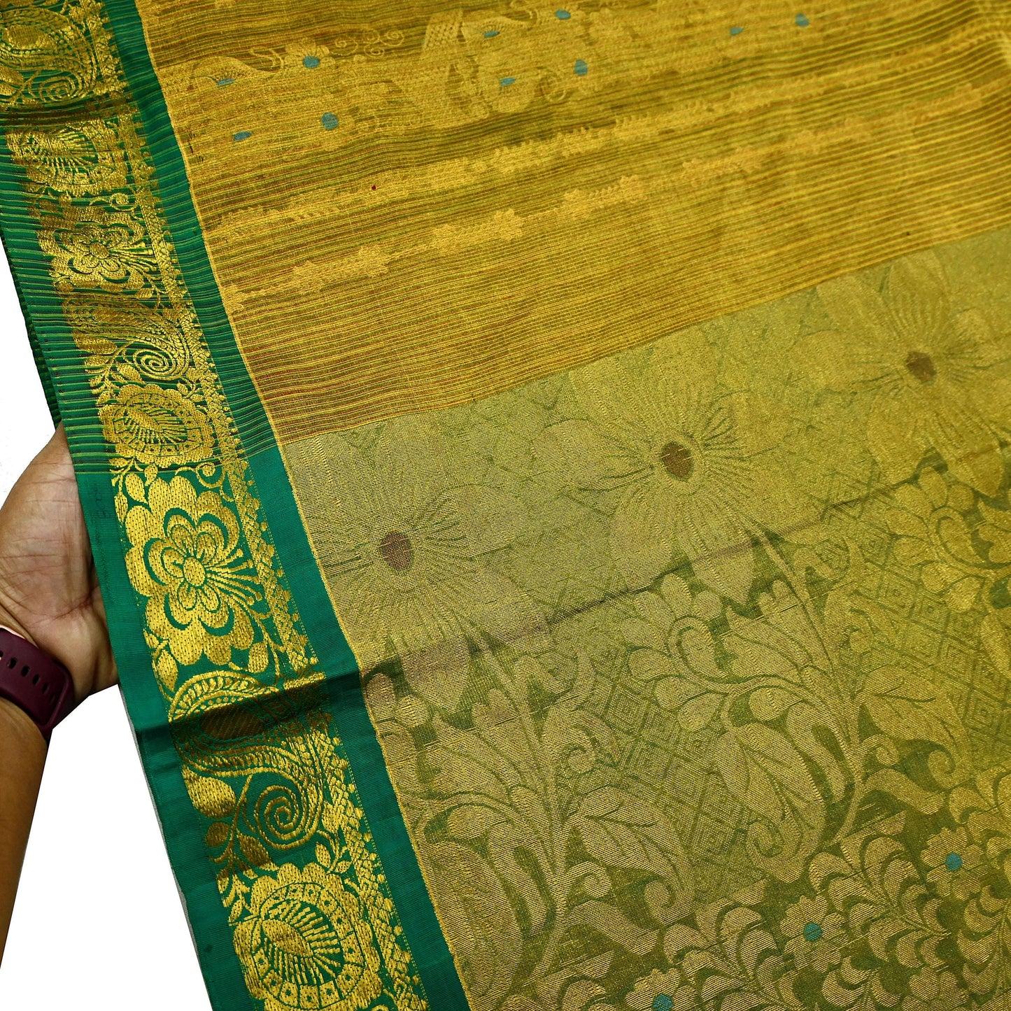 Indian Vintage Heavy Green & Golden Kanjivaram Saree 100% Pure Silk Sari Metallic Zari 5Yd Floral Crafting Dress making Ethnic Fringes