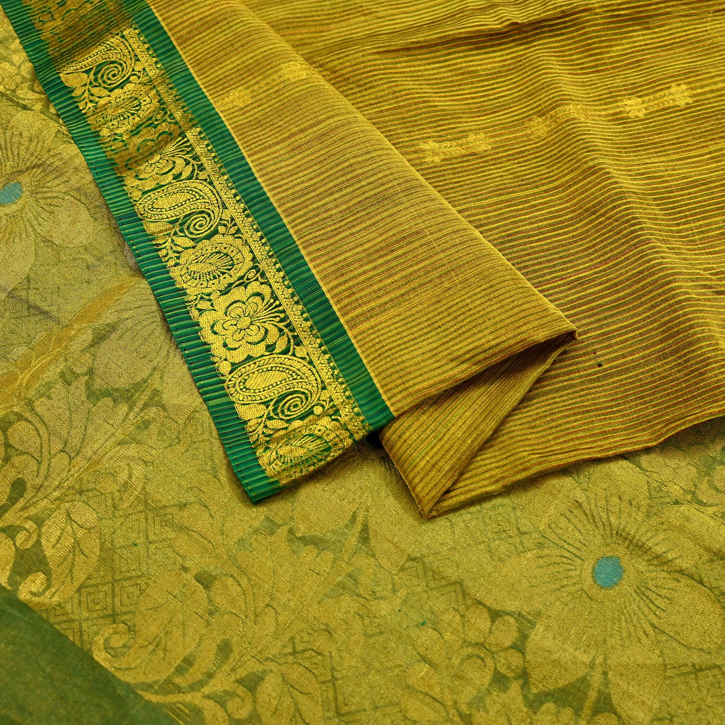 Indian Vintage Heavy Green & Golden Kanjivaram Saree 100% Pure Silk Sari Metallic Zari 5Yd Floral Crafting Dress making Ethnic Fringes