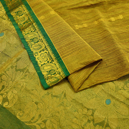 Indian Vintage Heavy Green & Golden Kanjivaram Saree 100% Pure Silk Sari Metallic Zari 5Yd Floral Crafting Dress making Ethnic Fringes