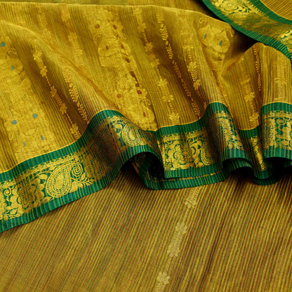 Indian Vintage Heavy Green & Golden Kanjivaram Saree 100% Pure Silk Sari Metallic Zari 5Yd Floral Crafting Dress making Ethnic Fringes