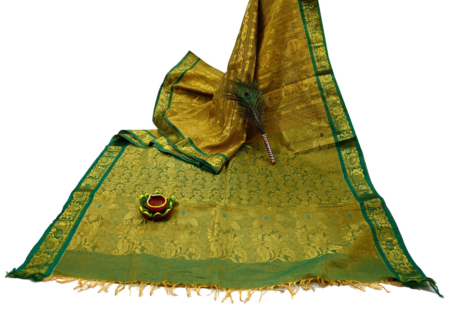 Indian Vintage Heavy Green & Golden Kanjivaram Saree 100% Pure Silk Sari Metallic Zari 5Yd Floral Crafting Dress making Ethnic Fringes