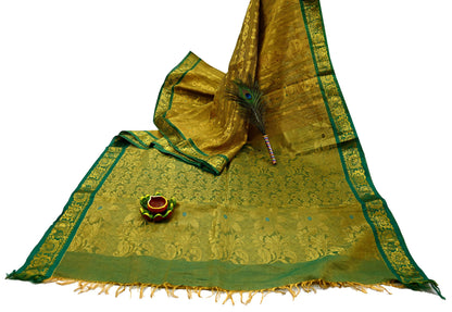 Indian Vintage Heavy Green & Golden Kanjivaram Saree 100% Pure Silk Sari Metallic Zari 5Yd Floral Crafting Dress making Ethnic Fringes