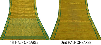 Indian Vintage Heavy Green & Golden Kanjivaram Saree 100% Pure Silk Sari Metallic Zari 5Yd Floral Crafting Dress making Ethnic Fringes