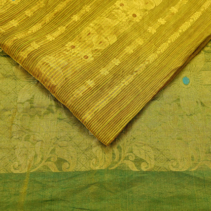 Indian Vintage Heavy Green & Golden Kanjivaram Saree 100% Pure Silk Sari Metallic Zari 5Yd Floral Crafting Dress making Ethnic Fringes
