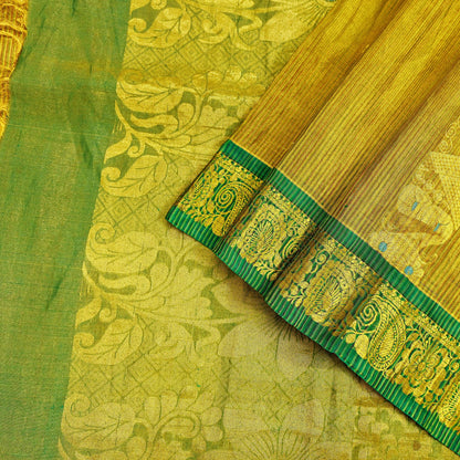 Indian Vintage Heavy Green & Golden Kanjivaram Saree 100% Pure Silk Sari Metallic Zari 5Yd Floral Crafting Dress making Ethnic Fringes