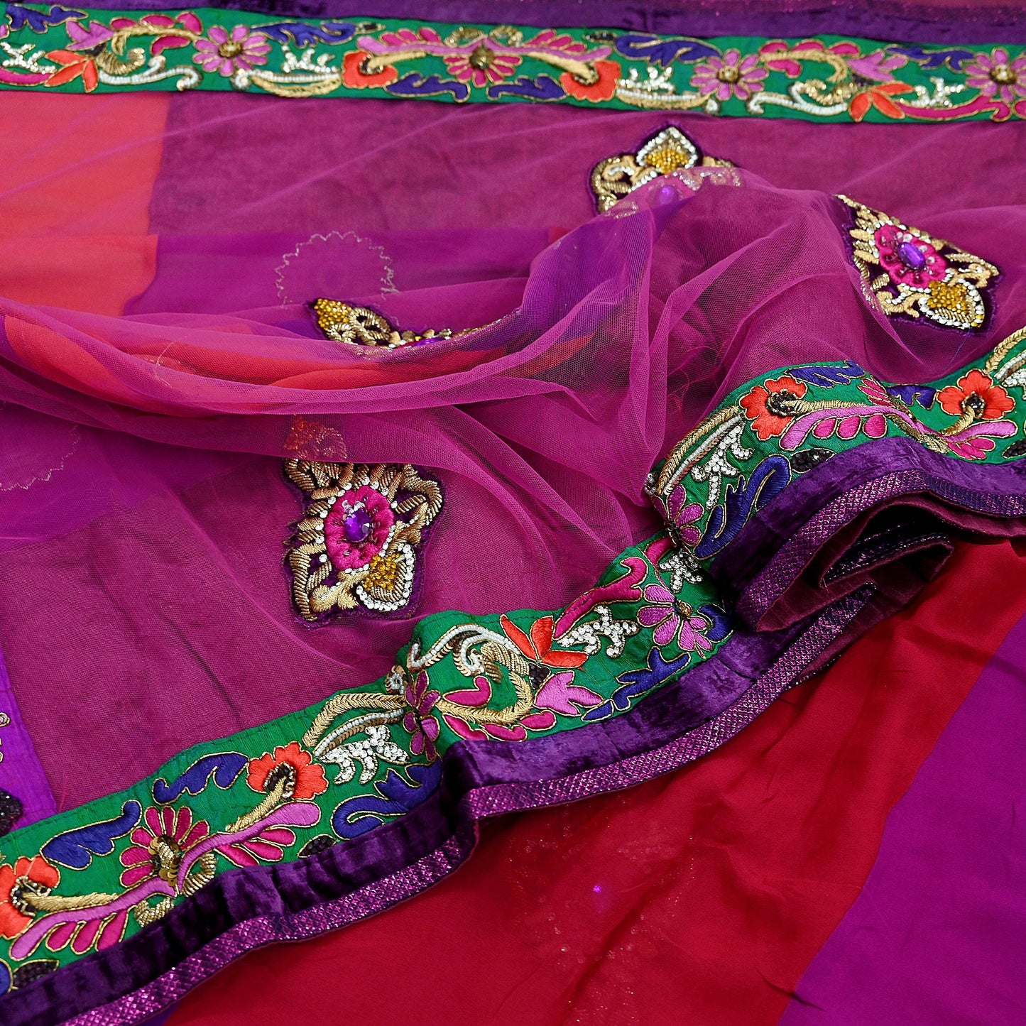 Indian Vintage Sari Red & Purple Pure Georgette Silk/Net Hand Beaded Sarees Fabric 6Yd Sewing Ethnic Dress making Quilting Bollywood