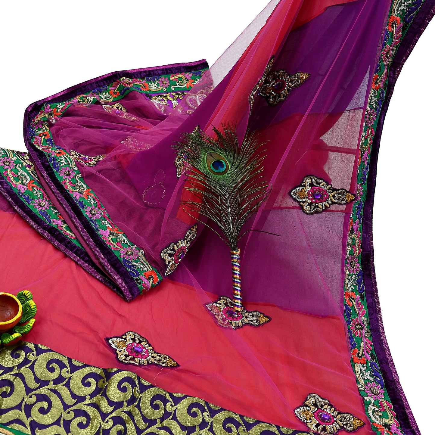 Indian Vintage Sari Red & Purple Pure Georgette Silk/Net Hand Beaded Sarees Fabric 6Yd Sewing Ethnic Dress making Quilting Bollywood