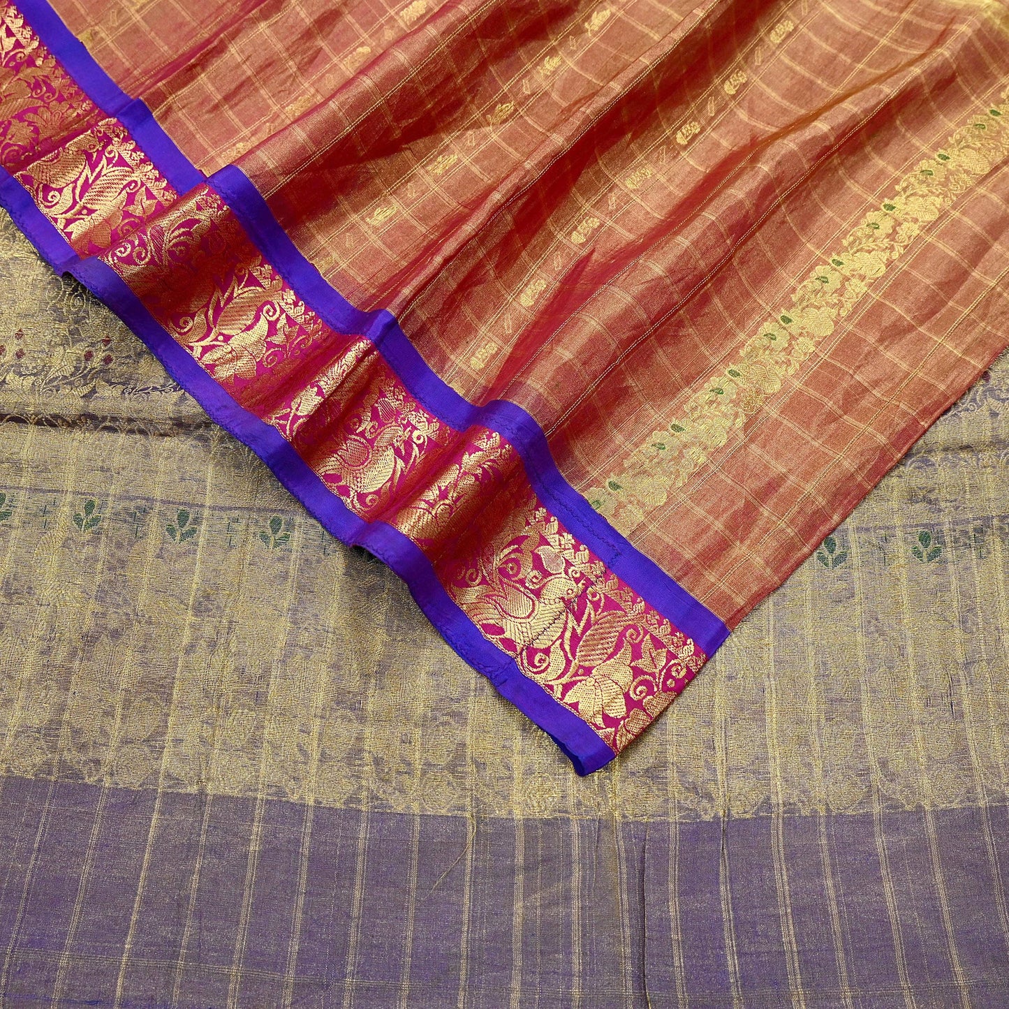 Indian Vintage Heavy Purple Kanjivaram Saree 100% Pure Silk Sari Metallic Zari 5Yd Floral Crafting Dress making Ethnic Peacock Fringes