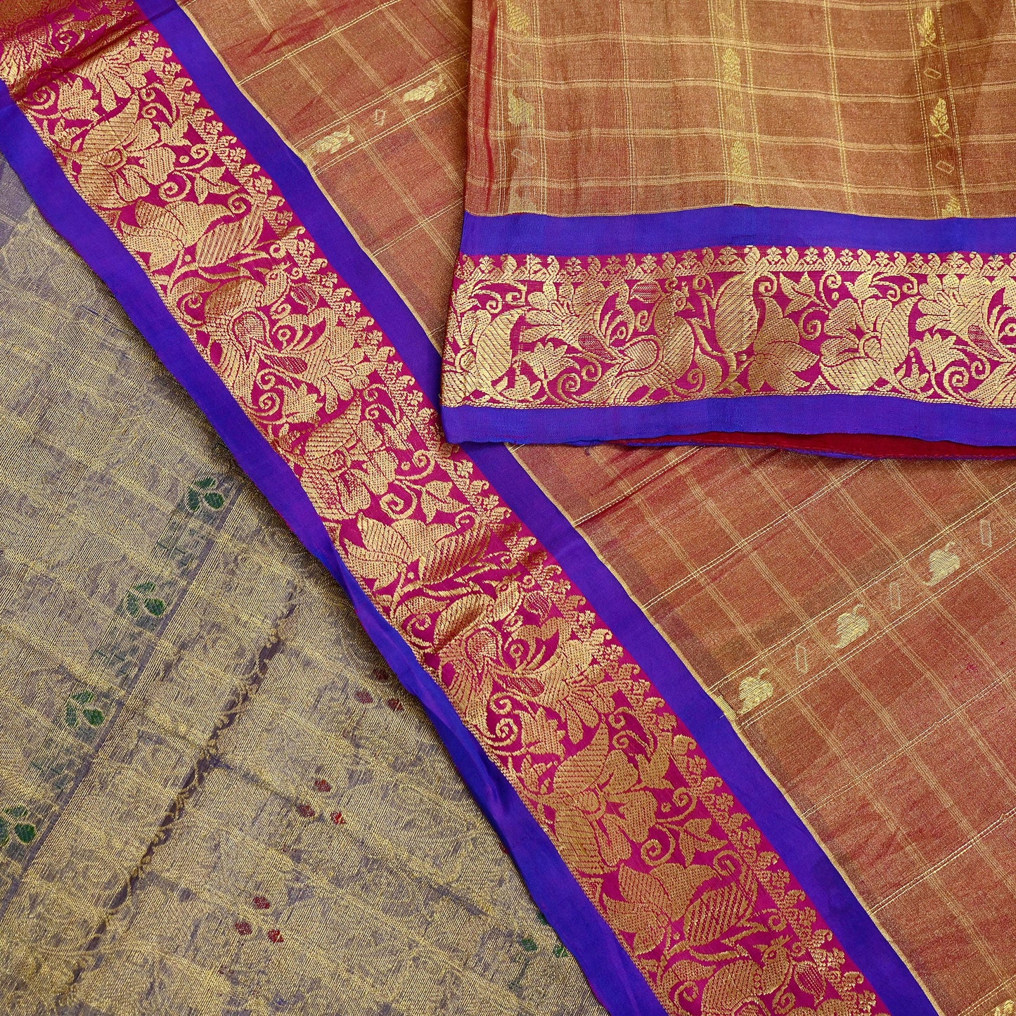 Indian Vintage Heavy Purple Kanjivaram Saree 100% Pure Silk Sari Metallic Zari 5Yd Floral Crafting Dress making Ethnic Peacock Fringes