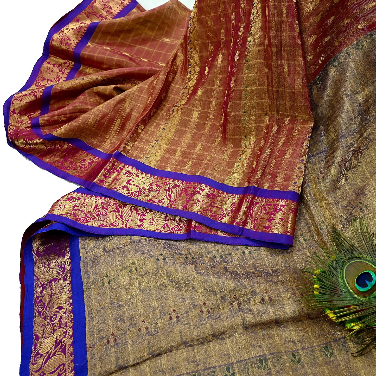 Indian Vintage Heavy Purple Kanjivaram Saree 100% Pure Silk Sari Metallic Zari 5Yd Floral Crafting Dress making Ethnic Peacock Fringes