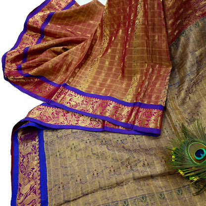 Indian Vintage Heavy Purple Kanjivaram Saree 100% Pure Silk Sari Metallic Zari 5Yd Floral Crafting Dress making Ethnic Peacock Fringes