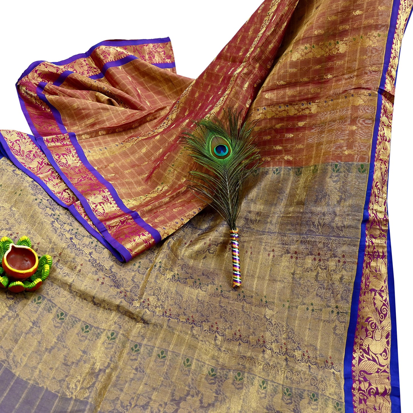 Indian Vintage Heavy Purple Kanjivaram Saree 100% Pure Silk Sari Metallic Zari 5Yd Floral Crafting Dress making Ethnic Peacock Fringes