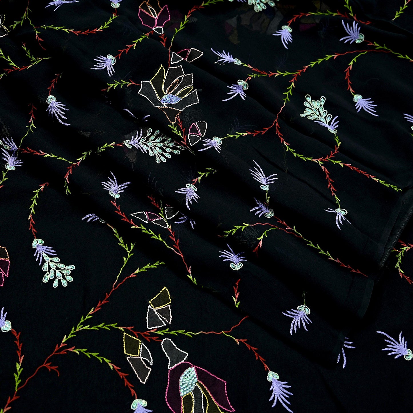 Indian Vintage Heavy Sari Black Pure Georgette Silk Hand Beaded Sarees Craft Fabric 6Yd Sewing Soft Ethnic Wedding Sarees Dress making