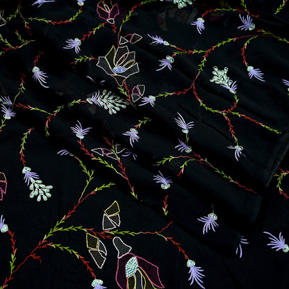 Indian Vintage Heavy Sari Black Pure Georgette Silk Hand Beaded Sarees Craft Fabric 6Yd Sewing Soft Ethnic Wedding Sarees Dress making