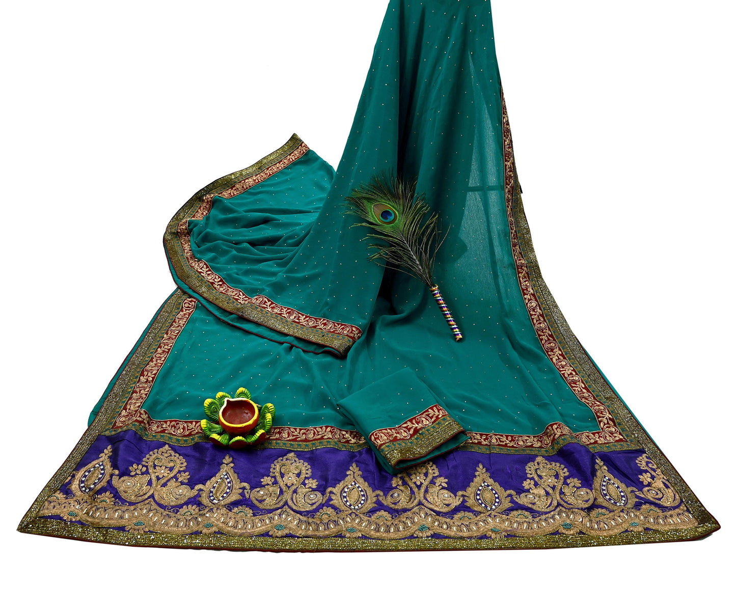 Indian Vintage Heavy Sarees Green Pure Georgette Silk Hand Embroidered Sari Fabric 6Yd Sewing Ethnic Zardozi/dabka zari Wedding sarees