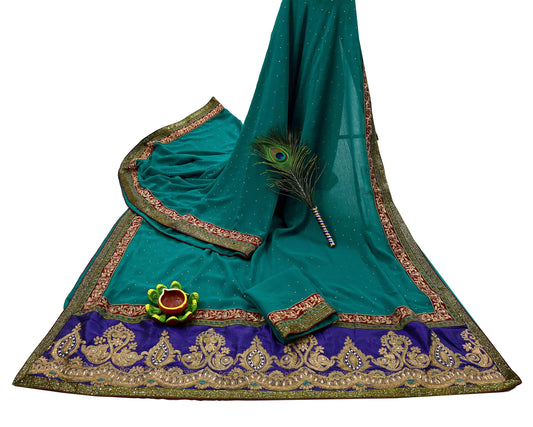 Indian Vintage Heavy Sarees Green Pure Georgette Silk Hand Embroidered Sari Fabric 6Yd Sewing Ethnic Zardozi/dabka zari Wedding sarees