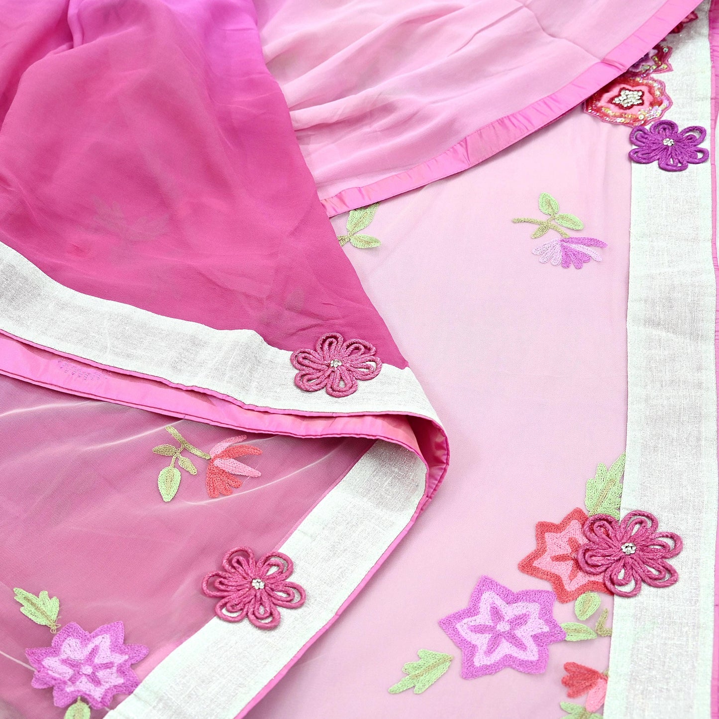 Indian Vintage Sari Pink & White Pure Georgette Silk/Net Hand Beaded Sarees Fabric 6Yd Sewing Ethnic Dress making Quilting Bollywood