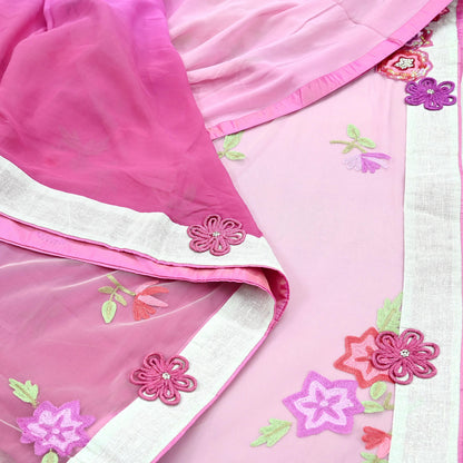 Indian Vintage Sari Pink & White Pure Georgette Silk/Net Hand Beaded Sarees Fabric 6Yd Sewing Ethnic Dress making Quilting Bollywood