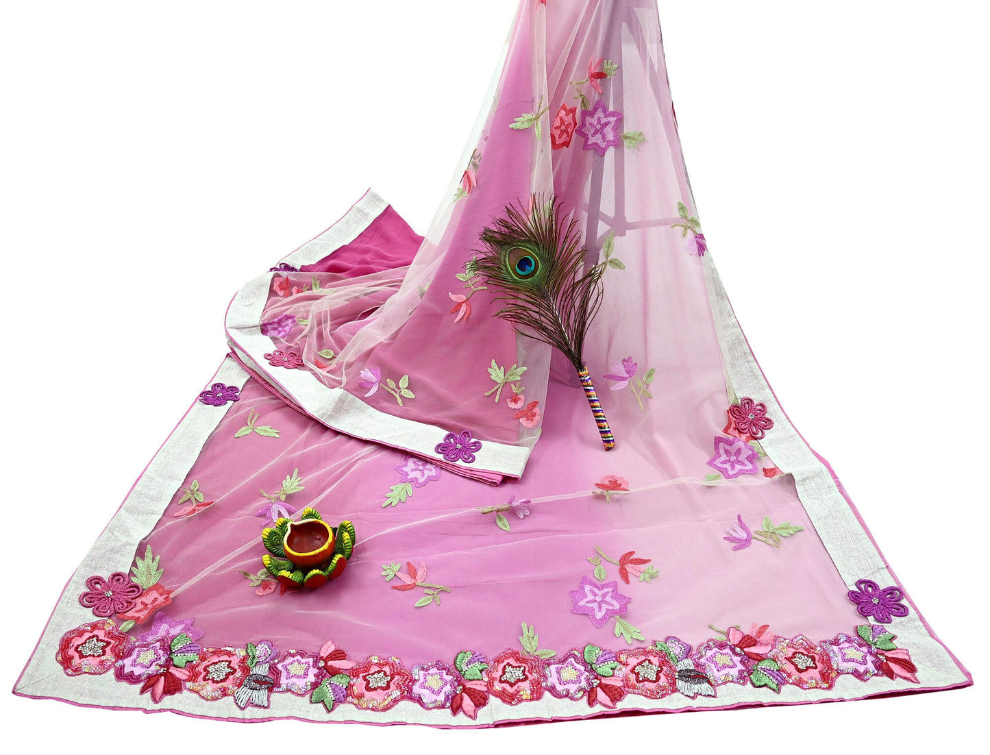 Indian Vintage Sari Pink & White Pure Georgette Silk/Net Hand Beaded Sarees Fabric 6Yd Sewing Ethnic Dress making Quilting Bollywood