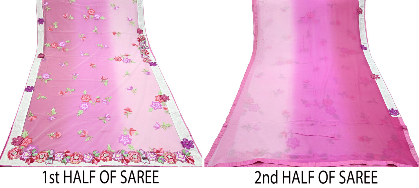 Indian Vintage Sari Pink & White Pure Georgette Silk/Net Hand Beaded Sarees Fabric 6Yd Sewing Ethnic Dress making Quilting Bollywood