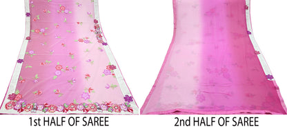 Indian Vintage Sari Pink & White Pure Georgette Silk/Net Hand Beaded Sarees Fabric 6Yd Sewing Ethnic Dress making Quilting Bollywood