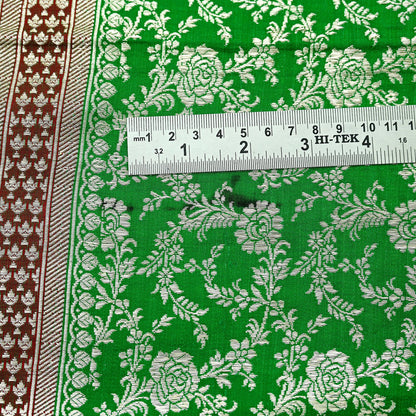 Vintage Banarasi Saree Pure Satin Silk Woven Brocade Zari Fabric Maroon & Green Heavy Craft Sari 5 Yards Indian Antique Textile Dress Making
