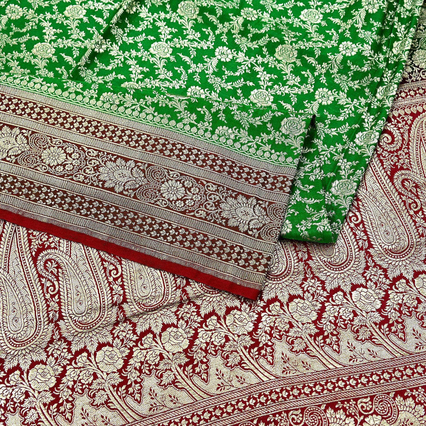 Vintage Banarasi Saree Pure Satin Silk Woven Brocade Zari Fabric Maroon & Green Heavy Craft Sari 5 Yards Indian Antique Textile Dress Making