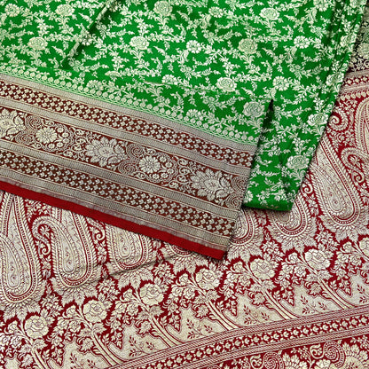 Vintage Banarasi Saree Pure Satin Silk Woven Brocade Zari Fabric Maroon & Green Heavy Craft Sari 5 Yards Indian Antique Textile Dress Making