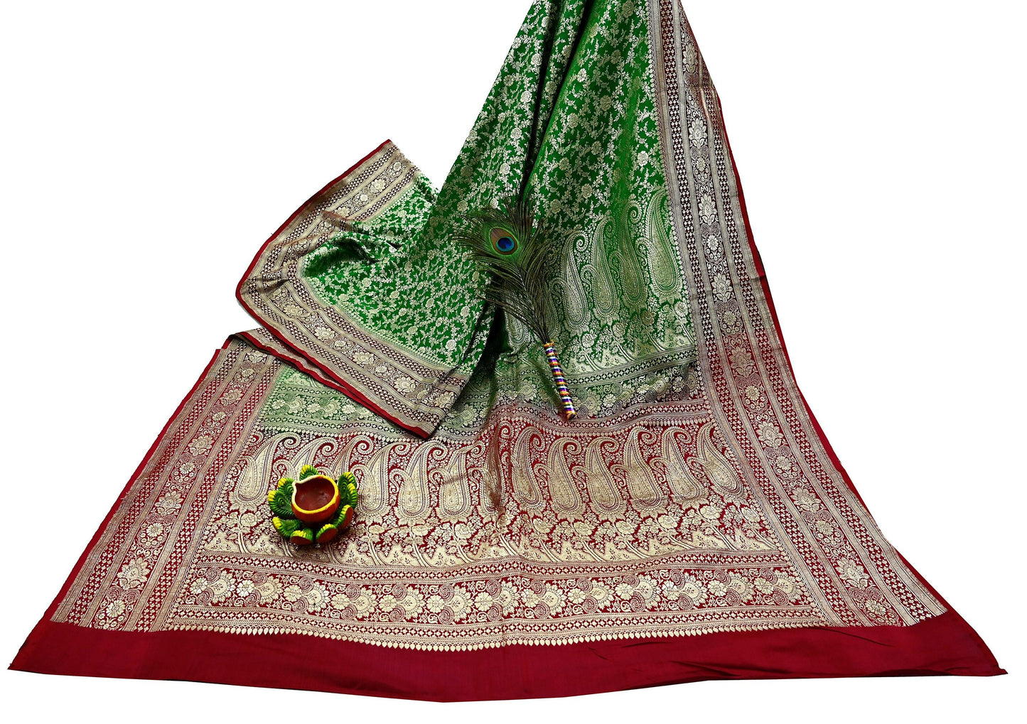 Vintage Banarasi Saree Pure Satin Silk Woven Brocade Zari Fabric Maroon & Green Heavy Craft Sari 5 Yards Indian Antique Textile Dress Making