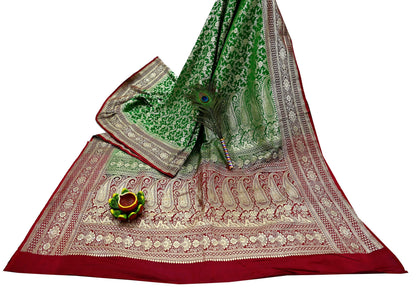 Vintage Banarasi Saree Pure Satin Silk Woven Brocade Zari Fabric Maroon & Green Heavy Craft Sari 5 Yards Indian Antique Textile Dress Making