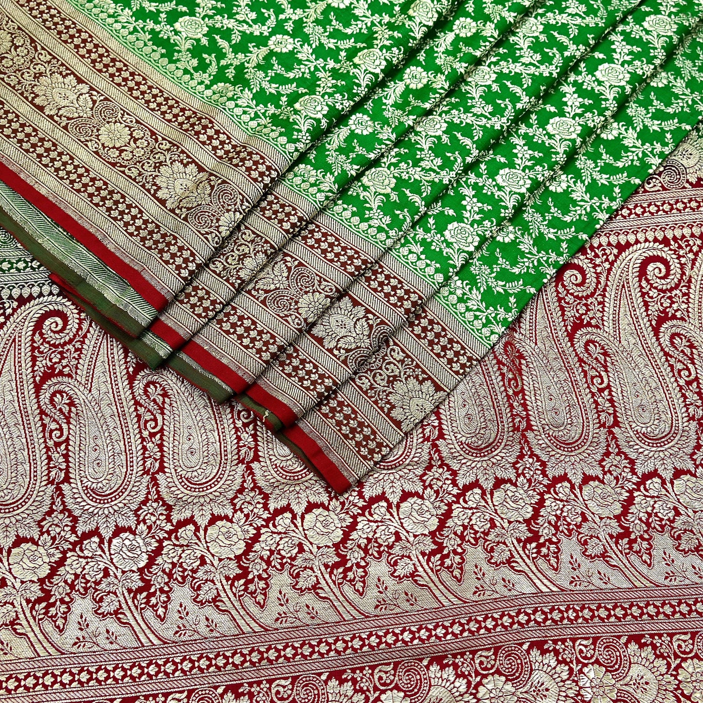 Vintage Banarasi Saree Pure Satin Silk Woven Brocade Zari Fabric Maroon & Green Heavy Craft Sari 5 Yards Indian Antique Textile Dress Making