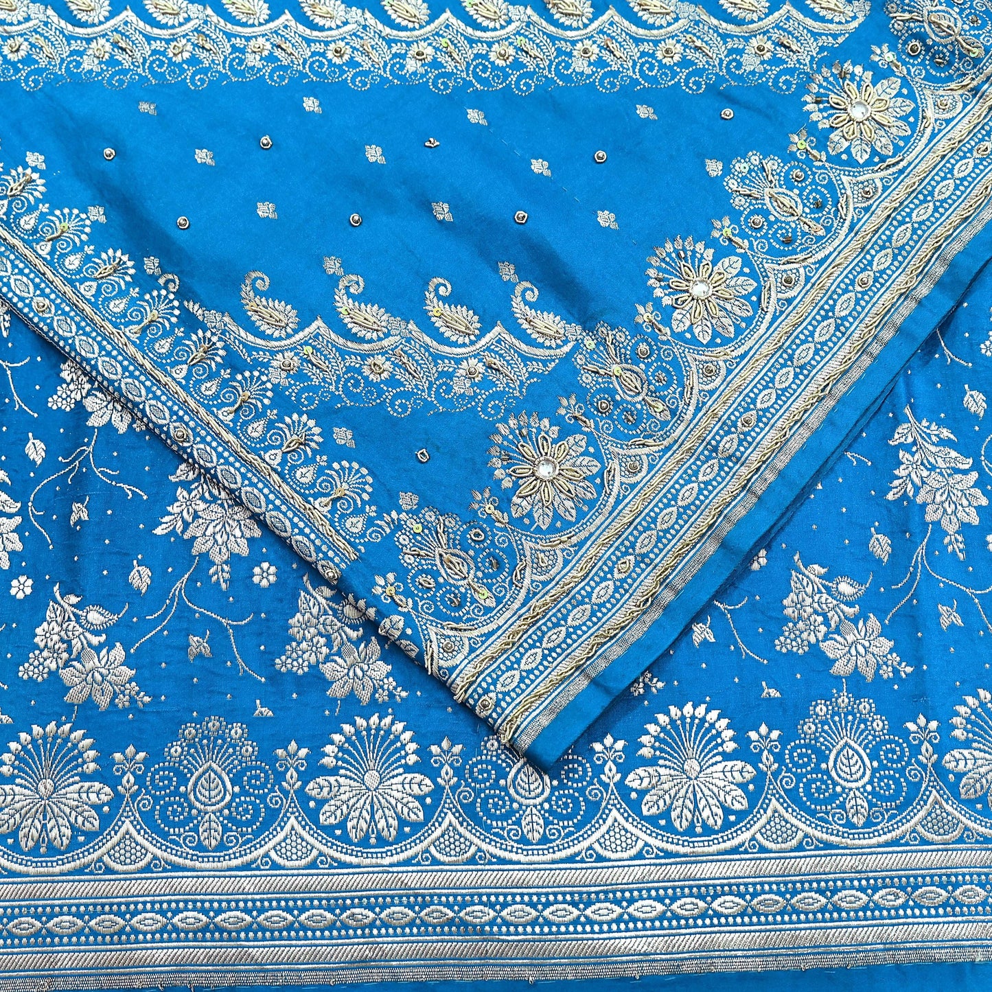 Indian Vintage Blue Heavy Wedding Saree Pure Satin Silk Hand Embroidered Banarsi Brocade Indian Sari Zari/Zardozi/Dabka 5Yd