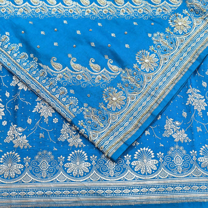 Indian Vintage Blue Heavy Wedding Saree Pure Satin Silk Hand Embroidered Banarsi Brocade Indian Sari Zari/Zardozi/Dabka 5Yd