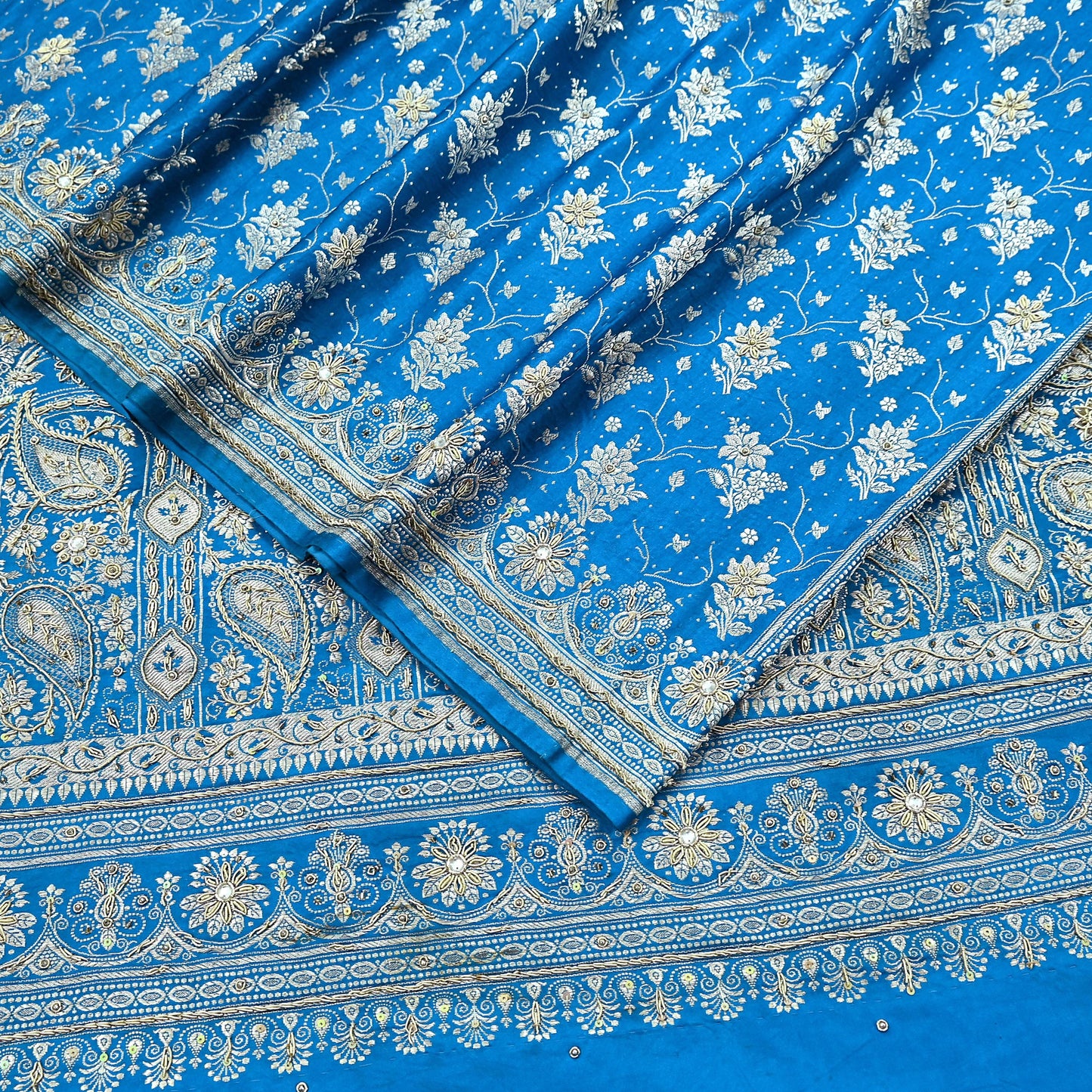 Indian Vintage Blue Heavy Wedding Saree Pure Satin Silk Hand Embroidered Banarsi Brocade Indian Sari Zari/Zardozi/Dabka 5Yd
