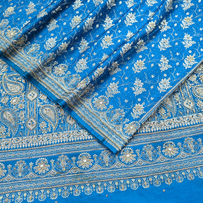 Indian Vintage Blue Heavy Wedding Saree Pure Satin Silk Hand Embroidered Banarsi Brocade Indian Sari Zari/Zardozi/Dabka 5Yd