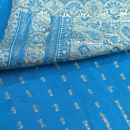 Indian Vintage Blue Heavy Wedding Saree Pure Satin Silk Hand Embroidered Banarsi Brocade Indian Sari Zari/Zardozi/Dabka 5Yd