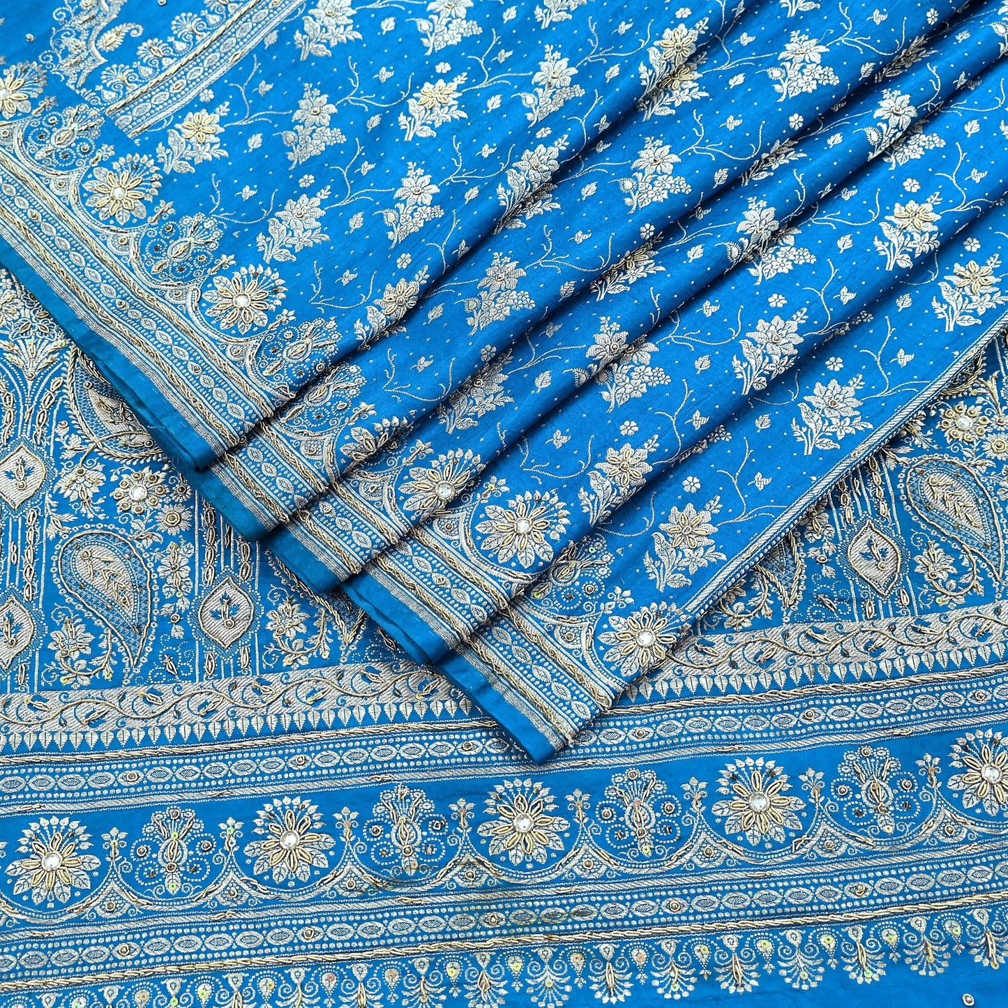 Indian Vintage Blue Heavy Wedding Saree Pure Satin Silk Hand Embroidered Banarsi Brocade Indian Sari Zari/Zardozi/Dabka 5Yd