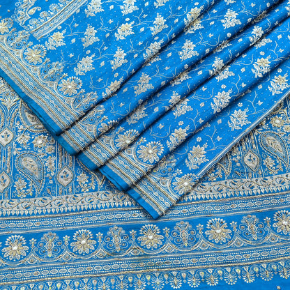 Indian Vintage Blue Heavy Wedding Saree Pure Satin Silk Hand Embroidered Banarsi Brocade Indian Sari Zari/Zardozi/Dabka 5Yd