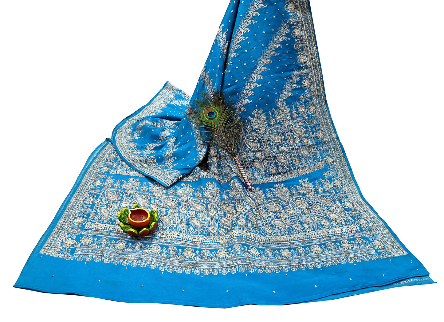 Indian Vintage Blue Heavy Wedding Saree Pure Satin Silk Hand Embroidered Banarsi Brocade Indian Sari Zari/Zardozi/Dabka 5Yd