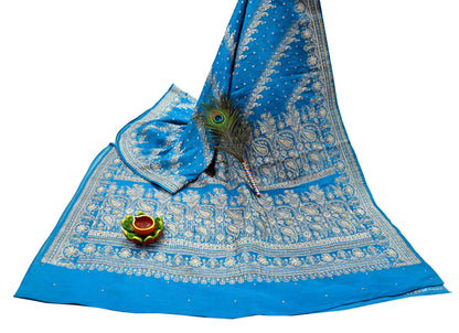 Indian Vintage Blue Heavy Wedding Saree Pure Satin Silk Hand Embroidered Banarsi Brocade Indian Sari Zari/Zardozi/Dabka 5Yd
