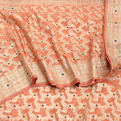 Indian Vintage Heavy Sari Peach Wedding Pure Silk Woven Banarasi Sarees Zari 5Yd Craft Fabric Dress making Crafting Wedding/Bridal Wear
