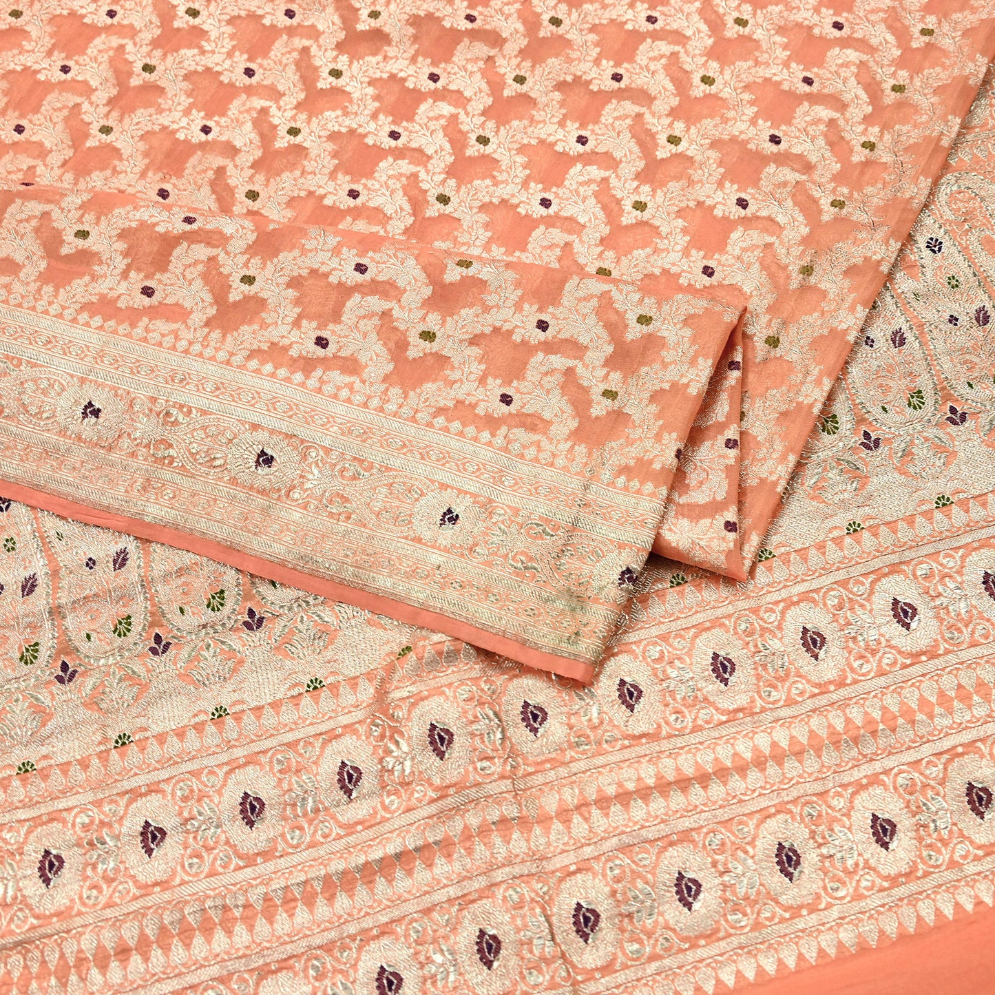 Indian Vintage Heavy Sari Peach Wedding Pure Silk Woven Banarasi Sarees Zari 5Yd Craft Fabric Dress making Crafting Wedding/Bridal Wear