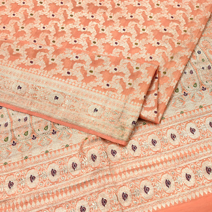 Indian Vintage Heavy Sari Peach Wedding Pure Silk Woven Banarasi Sarees Zari 5Yd Craft Fabric Dress making Crafting Wedding/Bridal Wear