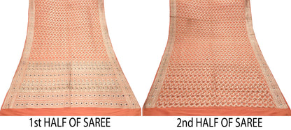 Indian Vintage Heavy Sari Peach Wedding Pure Silk Woven Banarasi Sarees Zari 5Yd Craft Fabric Dress making Crafting Wedding/Bridal Wear