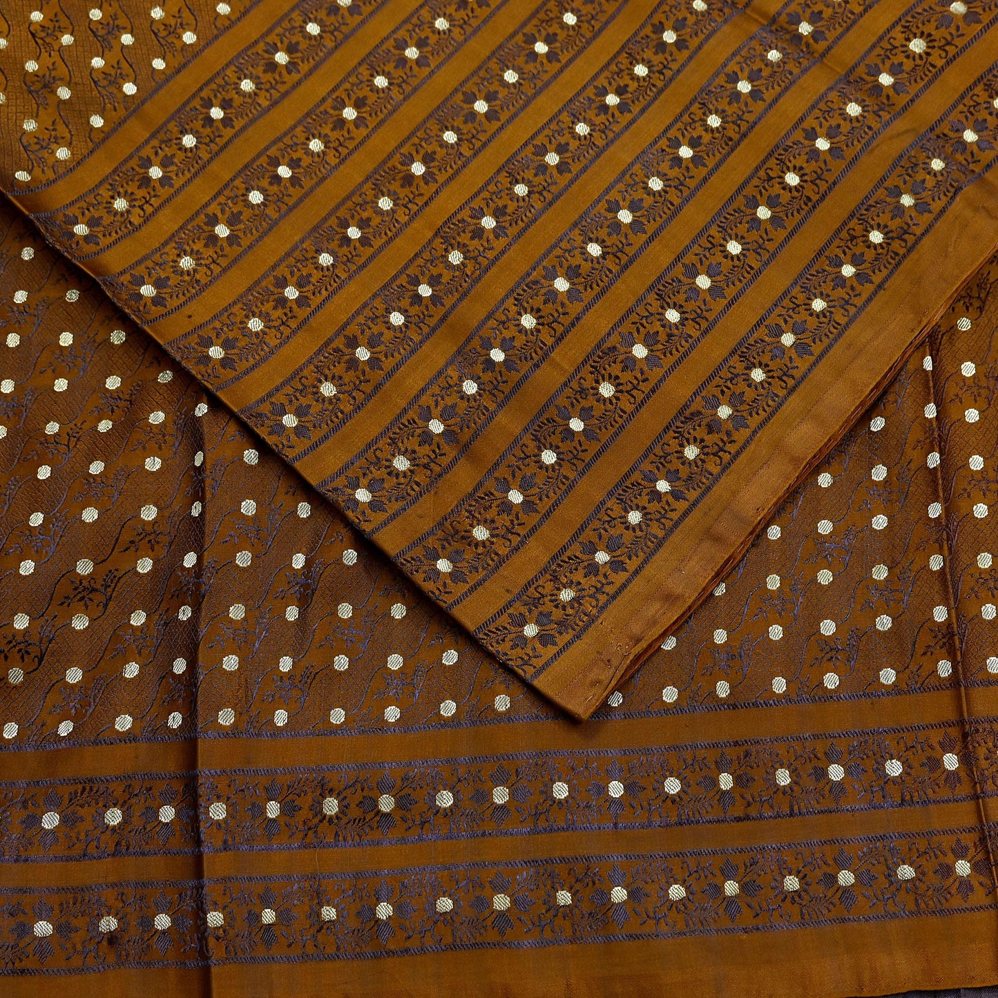 Indian Vintage Sari Golden Brown Heavy Pure Satin Silk Woven Banarasi Tanchoi Saree 5Yd Ethnic Craft Fabric Upcycle Bridal Heavy Sarees