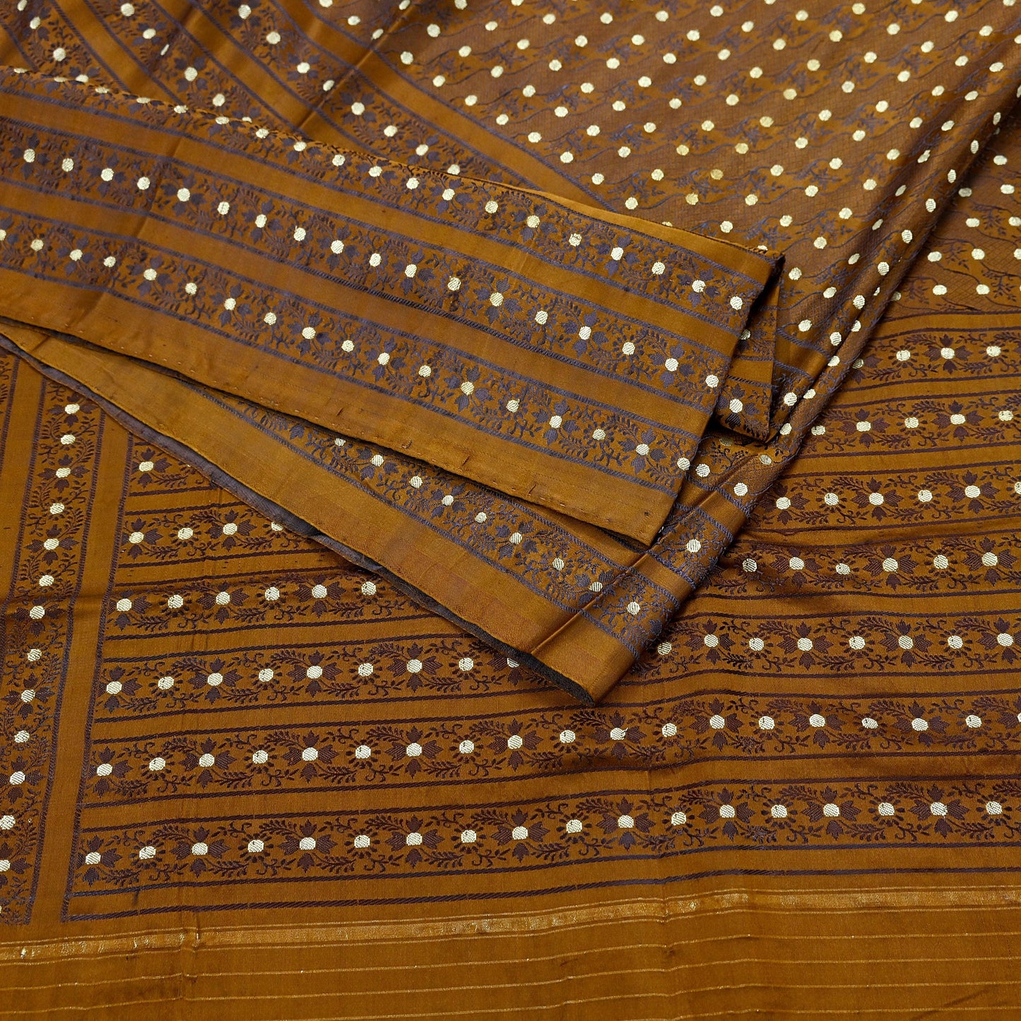 Indian Vintage Sari Golden Brown Heavy Pure Satin Silk Woven Banarasi Tanchoi Saree 5Yd Ethnic Craft Fabric Upcycle Bridal Heavy Sarees