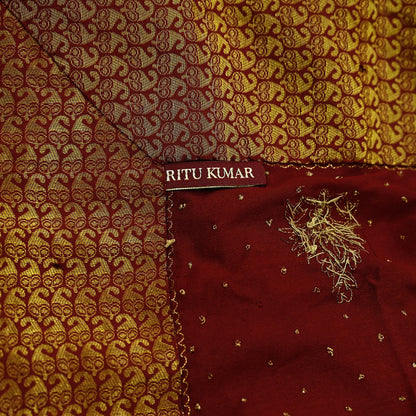 Indian Pre-owned Maroon Pure Silk Hand Embroidered Ritu Kumar Designer Lehenga 3pcs Set Ethnic Bollywood Party Wear