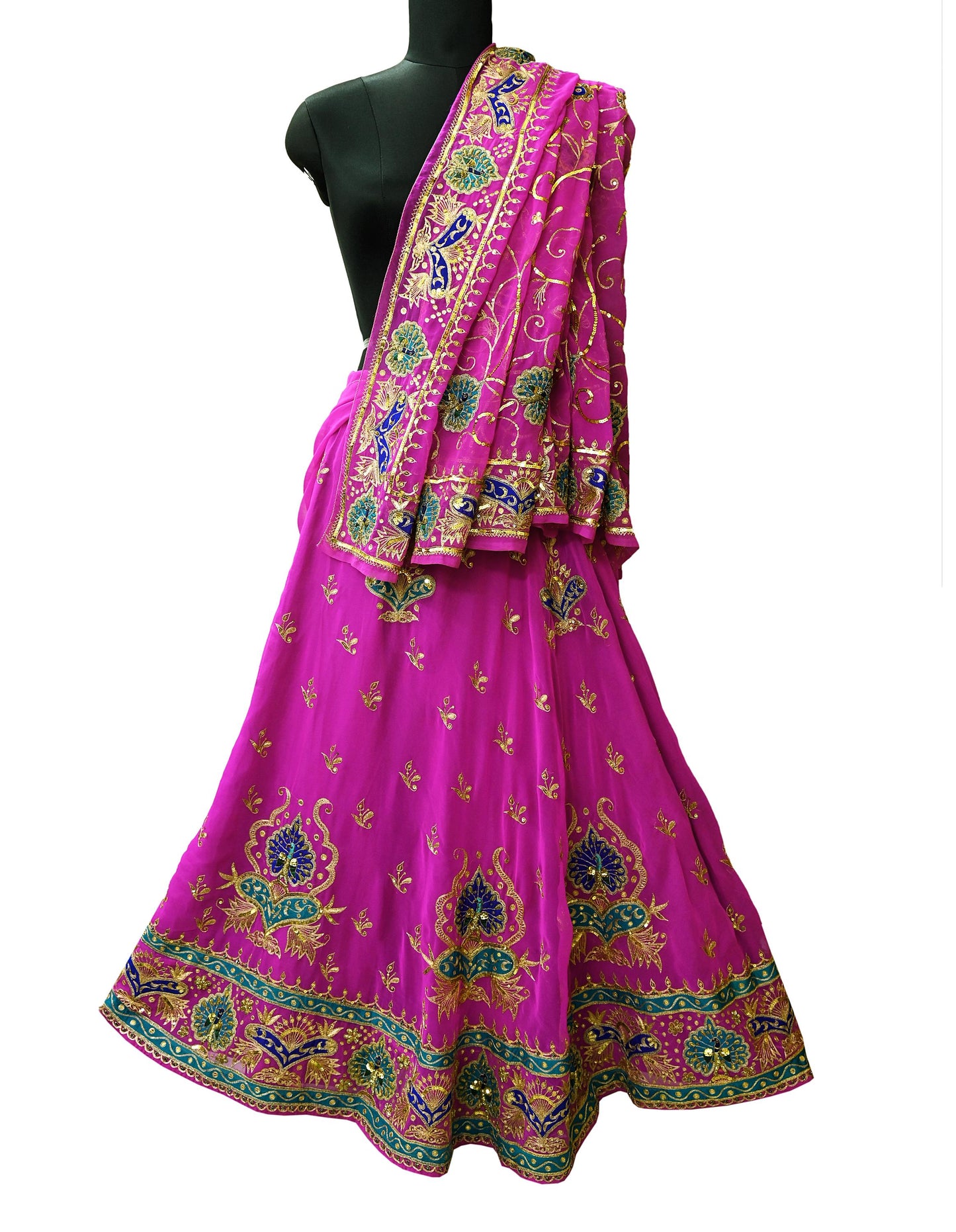 Indian Vintage Magenta American Georgette Hand Embroidered Rajputi Phoshak Lehenga/Dupatta 2pcs Set Bridal Party Wear Peacock Design Zari
