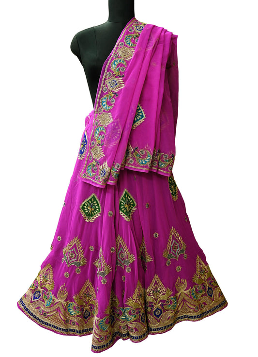 Indian Vintage Magenta American Georgette Hand Embroidered Rajputi Phoshak Lehenga/Dupatta 2pcs Set Bridal Party Wear Peacock Design Zari