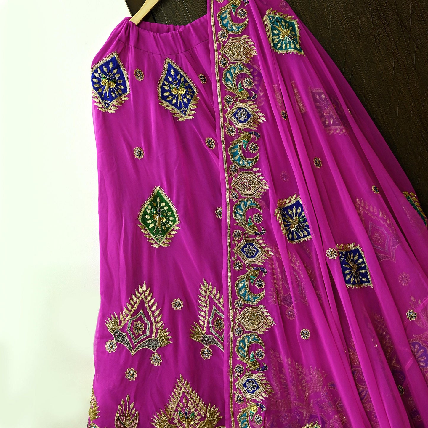 Indian Vintage Magenta American Georgette Hand Embroidered Rajputi Phoshak Lehenga/Dupatta 2pcs Set Bridal Party Wear Peacock Design Zari